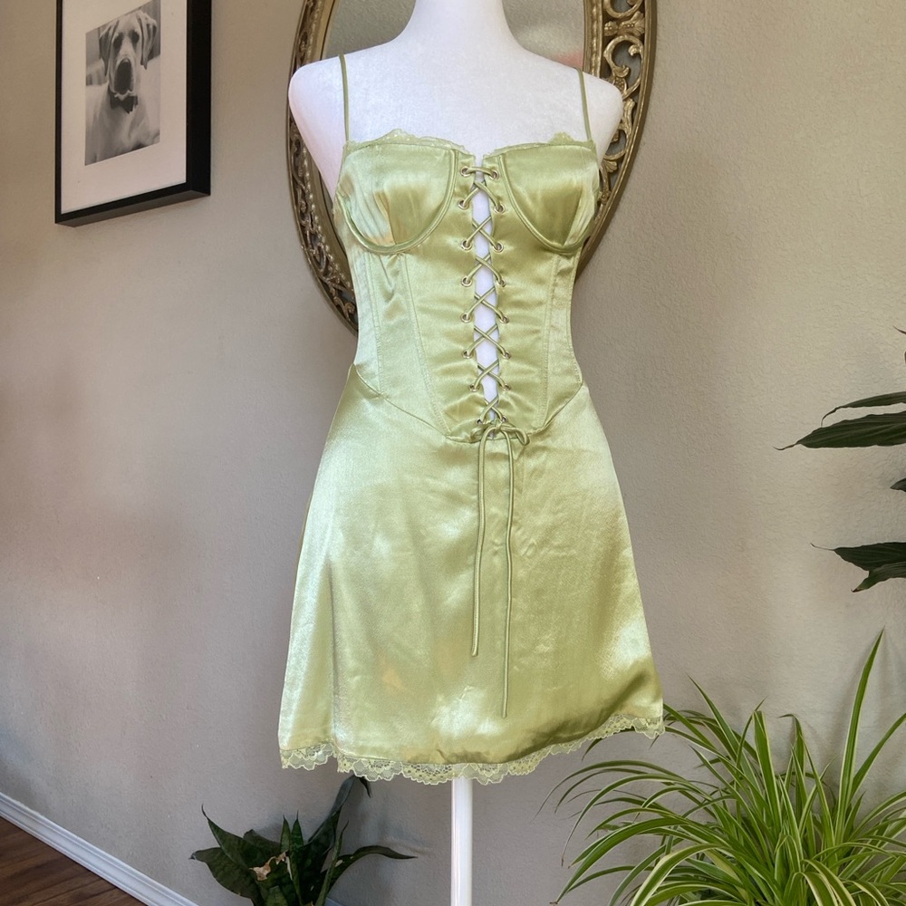 Meshki Strapless Satin Dress in Light Green